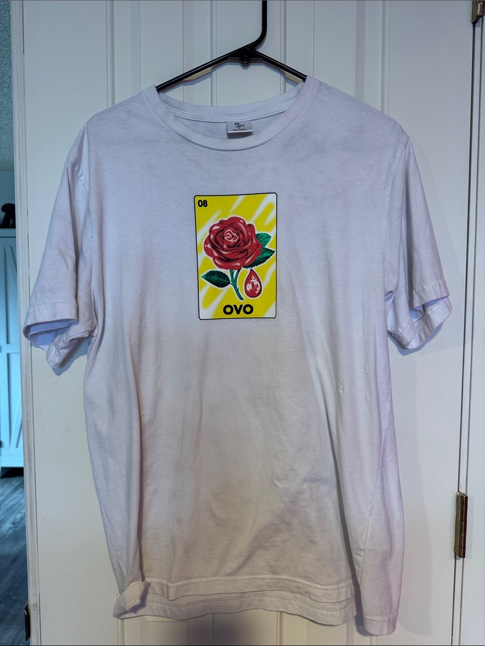 OVO White Tee with Red Rose Graphic on Yellow Patch